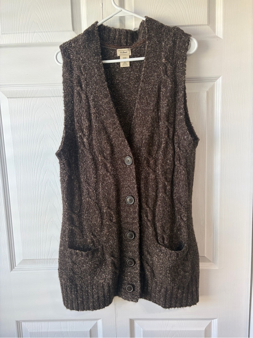 L.L. Bean Brown Cable-Knit Sleeveless Button Cardigan Vest